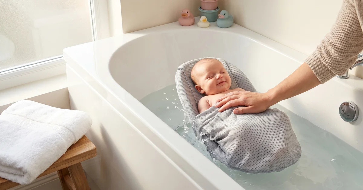 Angelcare baby bath UK 2026 — newborn reclining safely in soft mesh bath support