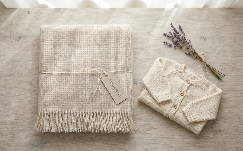 Folded soft cream baby alpaca blanket on pale wood with dried lavender — premium UK baby gift