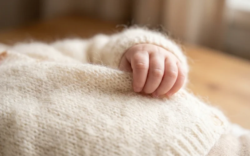 Close-up of soft cream baby alpaca knit fabric showing the fine fibres of a baby cardigan