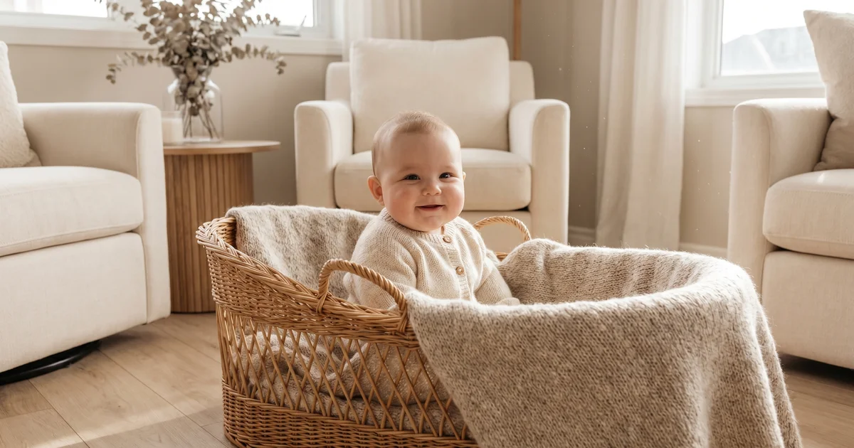 Baby alpaca UK 2026 — newborn baby wearing soft cream baby alpaca cardigan in wicker basket