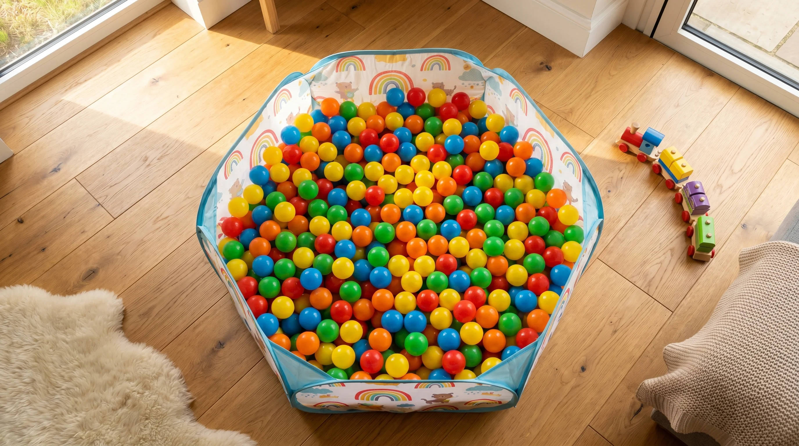 Indoor baby ball pit UK — overhead view of colourful foldable ball pool on wooden floor