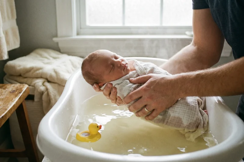 Newborn baby in warm bath with bath thermometer nearby — safe bathing for sensitive baby skin