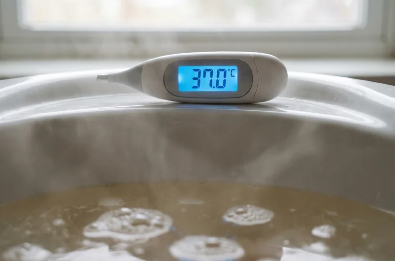 Baby bath thermometer being tested in a baby bath — digital probe checking water temperature