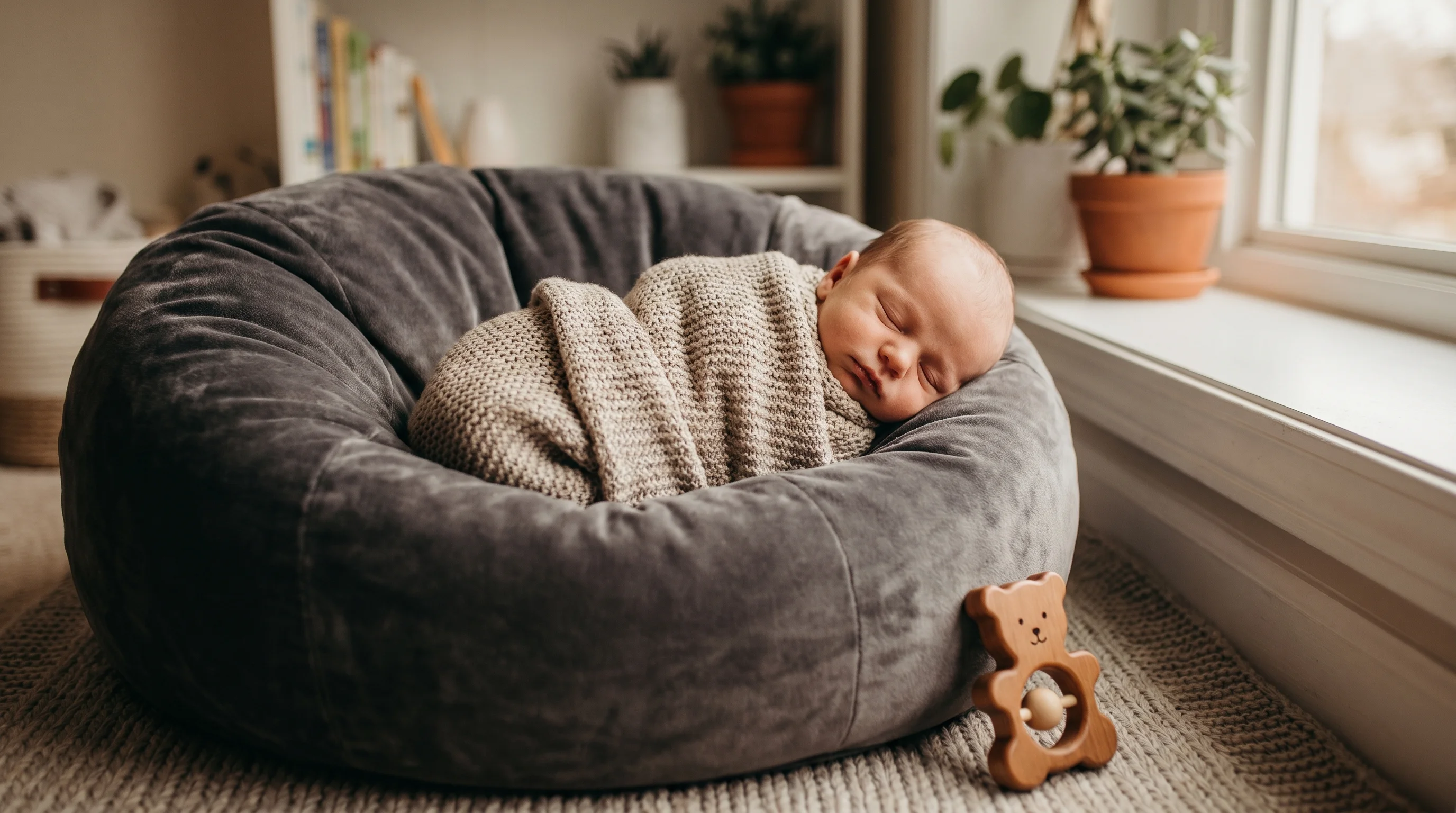 Baby bean bag newborn UK — soft grey velvet bean bag lounger with newborn baby