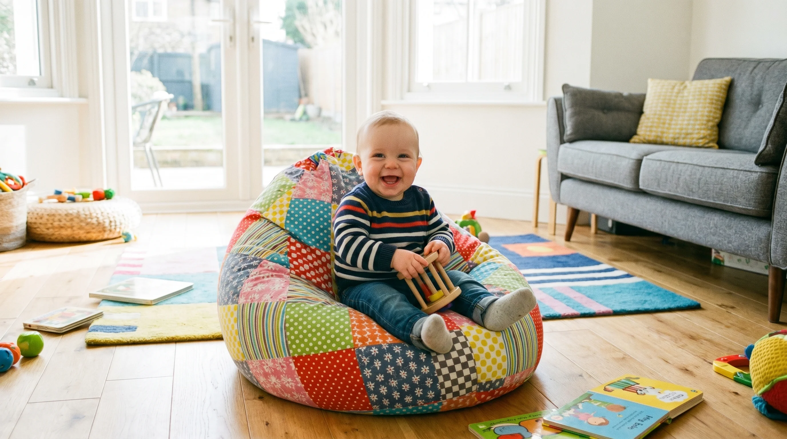 Baby bean bag chair UK — baby sitting upright in colourful bean bag in living room