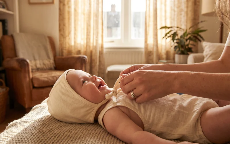 UK mother tying a soft cotton baby bonnet under happy 4-month-old's chin in cosy living room
