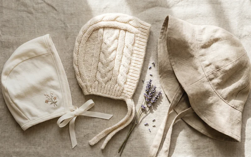 Three baby bonnets — cream cable-knit, ivory cotton bow-tie and floppy beige sun bonnet — flat-lay UK guide