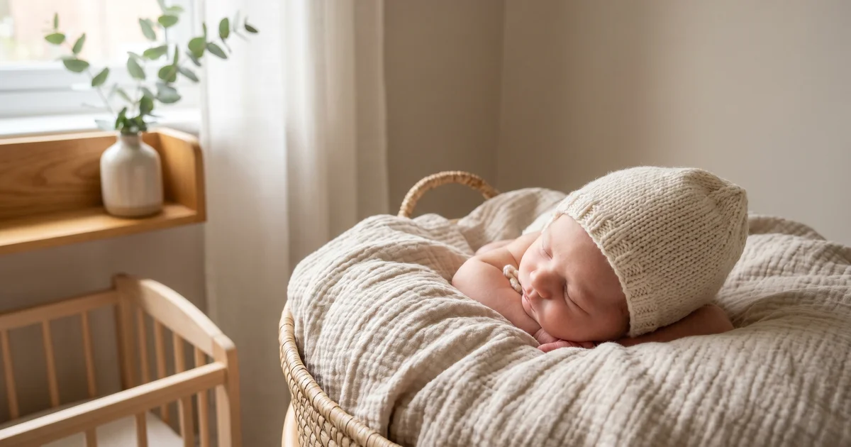 Baby bonnet UK 2026 — sleeping newborn baby in a soft cream knitted bonnet