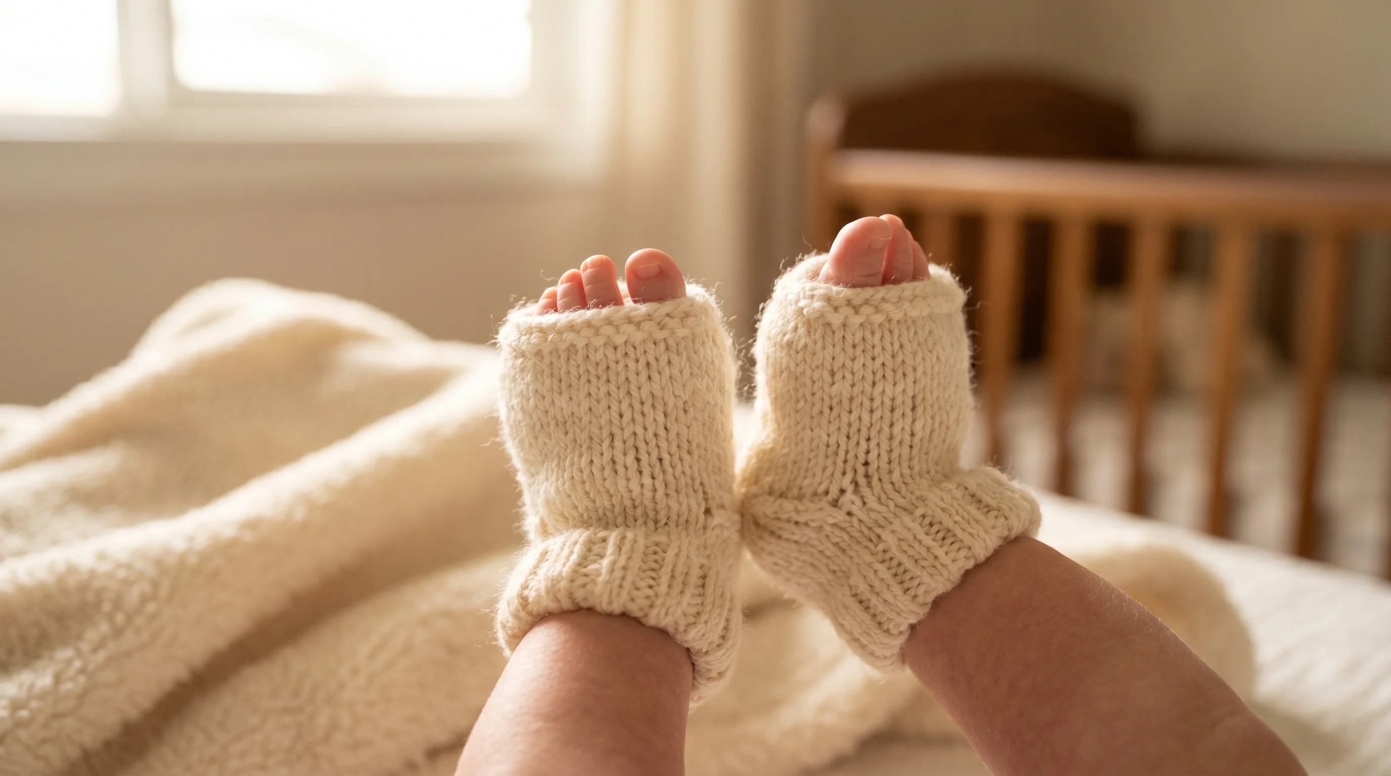 Newborn baby feet in soft white knitted baby booties UK — close-up lifestyle photography