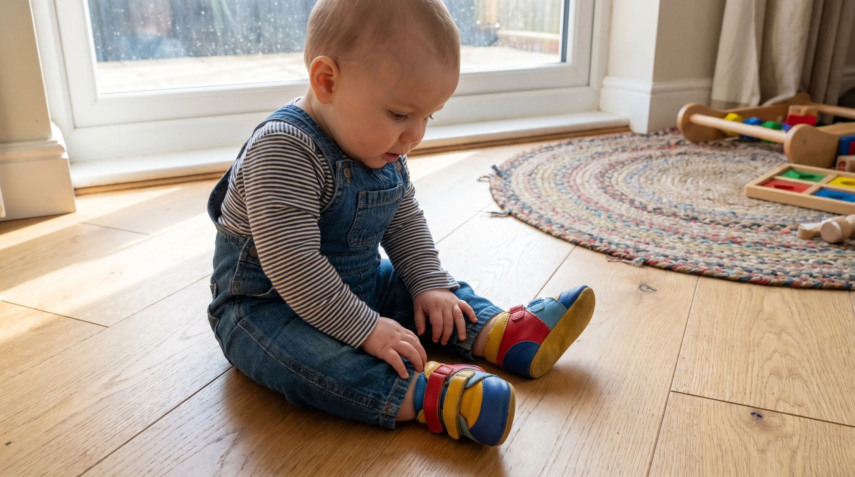 Baby wearing soft sole leather booties UK — 8 months old sitting on wooden floor