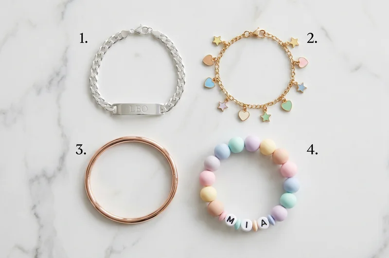 Baby bracelet styles UK 2026 — silver ID bracelet, charm bracelet, rose gold and beaded bracelet flat lay