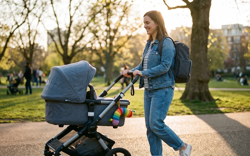 Mother carrying a baby changing bag backpack while pushing a pram through a London park