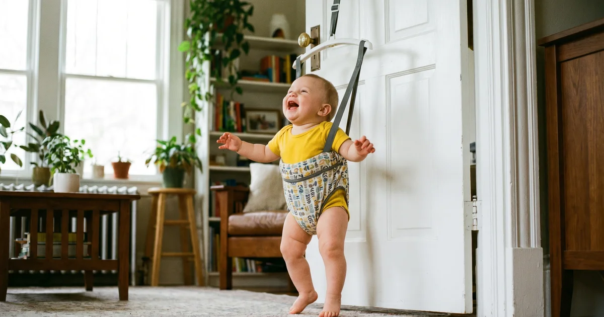 Baby door bouncer UK 2026 — baby bouncing happily in doorway jumper