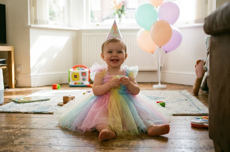 Baby girl in colourful tutu dress for first birthday UK 2026
