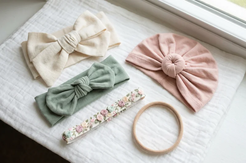 Baby headband styles UK 2026 — bow, knotted turban, floral and nylon elastic flat lay