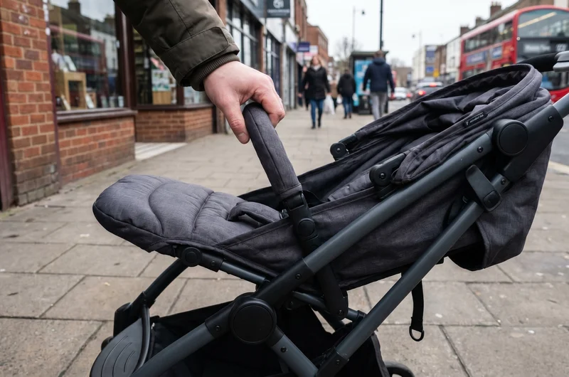 Baby Jogger City Mini one-hand fold in action — parent folding compact pushchair on UK pavement