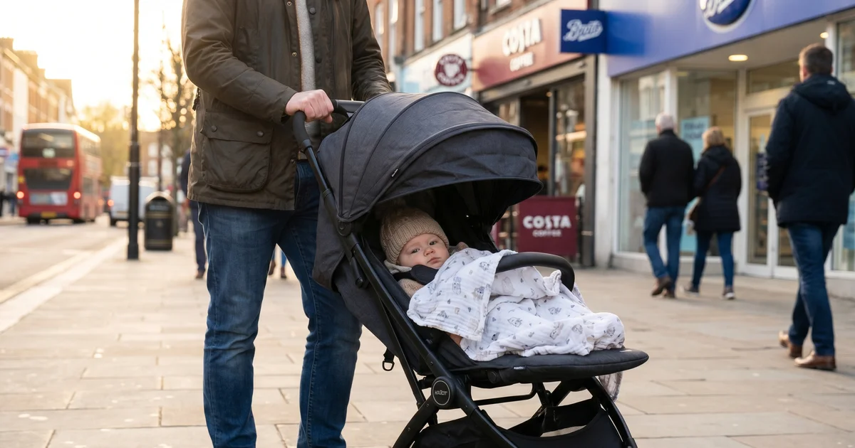 Baby Jogger City Mini pushchair UK 2026 — parent pushing compact stroller on British high street