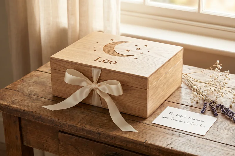 Baby keepsake box as new baby gift UK 2026 — personalised wooden box gift-wrapped