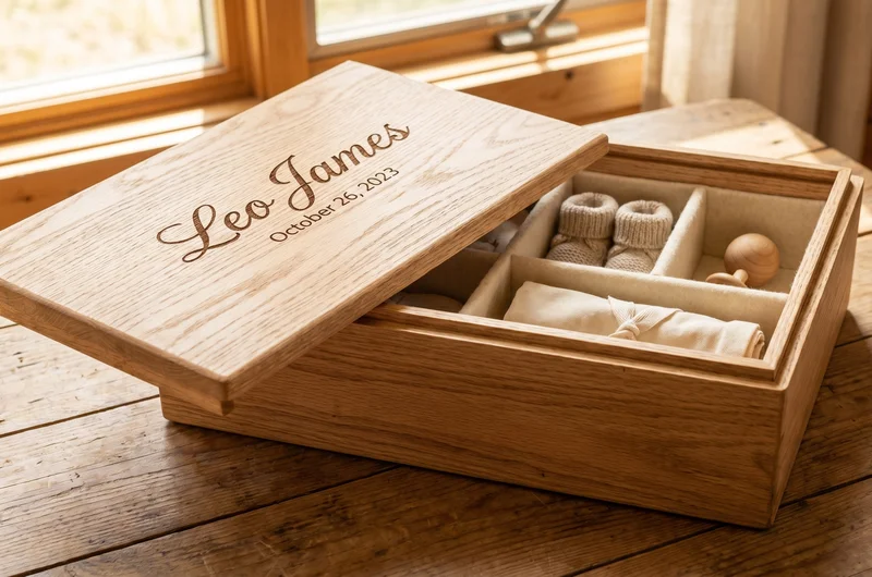 Personalised wooden baby keepsake box with name engraved on lid UK 2026