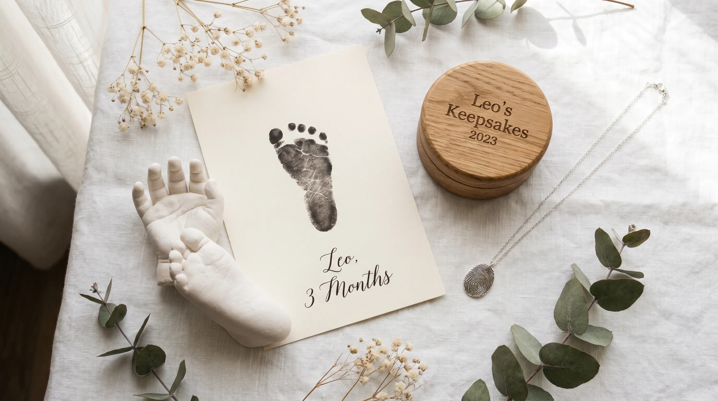 Baby keepsake items UK — memory box, footprint cast and milestone cards