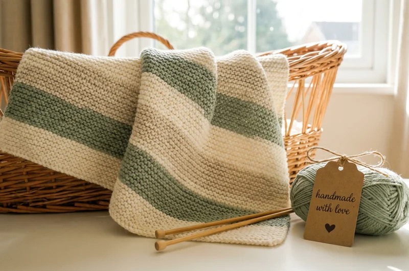 Hand-knitted baby blanket in neutral stripe pattern in a wicker moses basket — easy baby knitting pattern UK