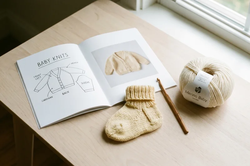 Baby knitting pattern booklet with finished bootie and soft DK yarn on wooden surface