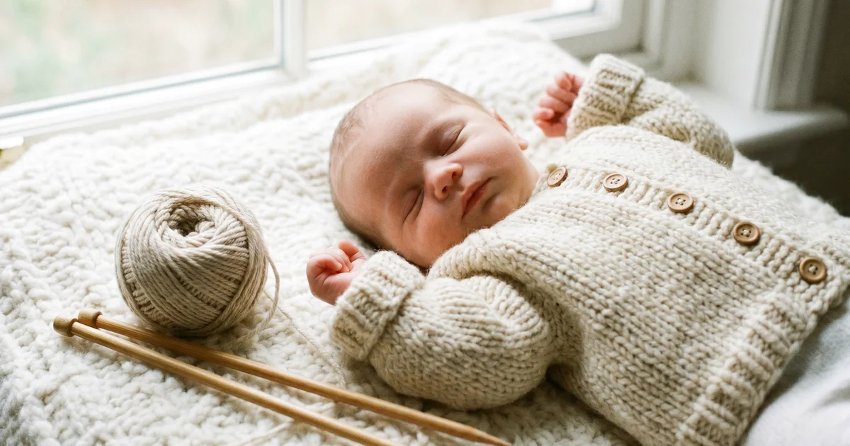 Baby knitting patterns UK 2026 — hand-knitted cream cardigan on newborn with DK yarn and needles