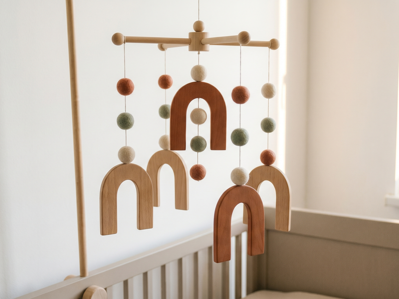 Wooden baby mobile with natural felt shapes in neutral nursery tones