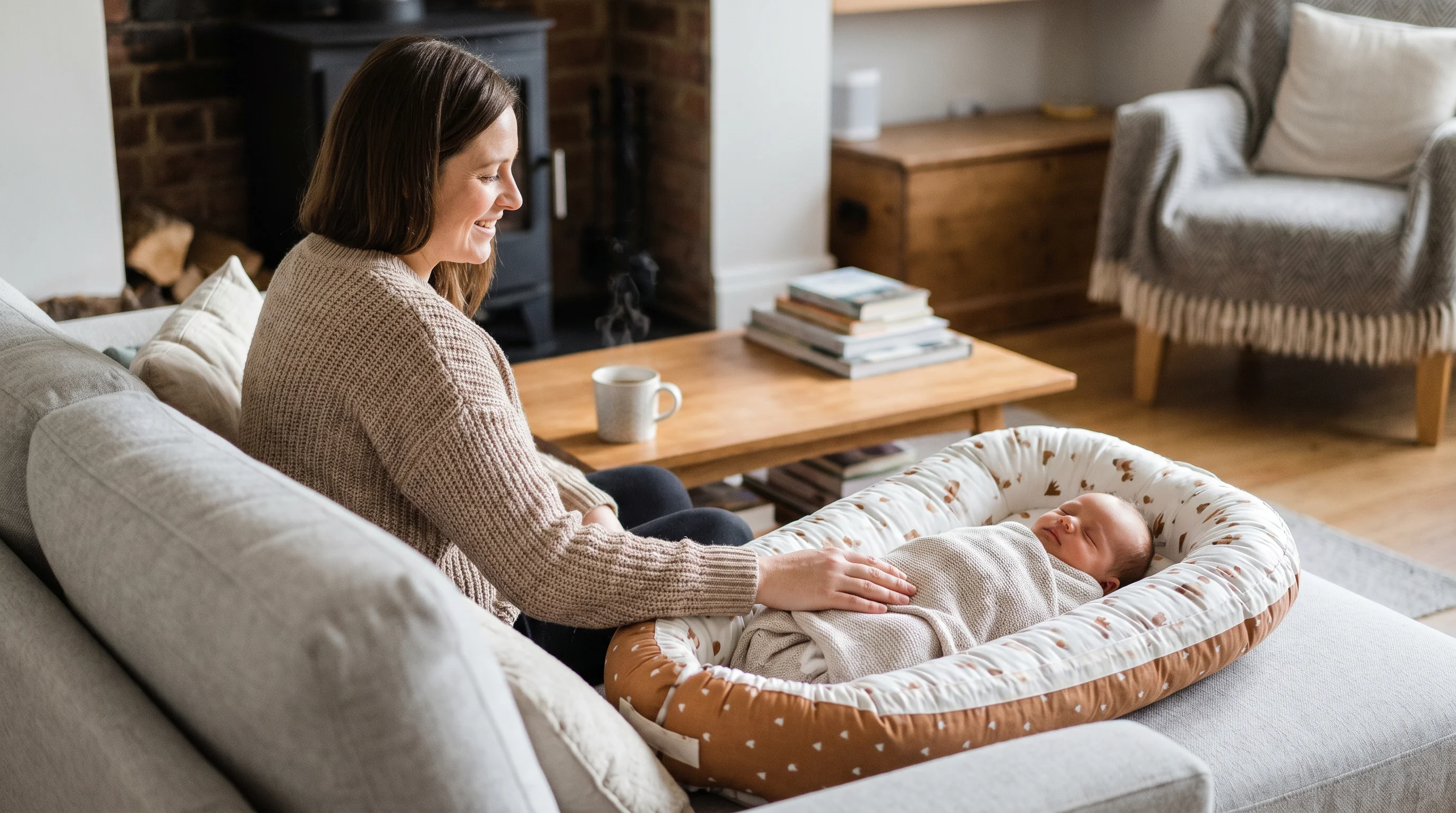 Baby nest in use — mum supervising newborn in a baby pod on the sofa at home