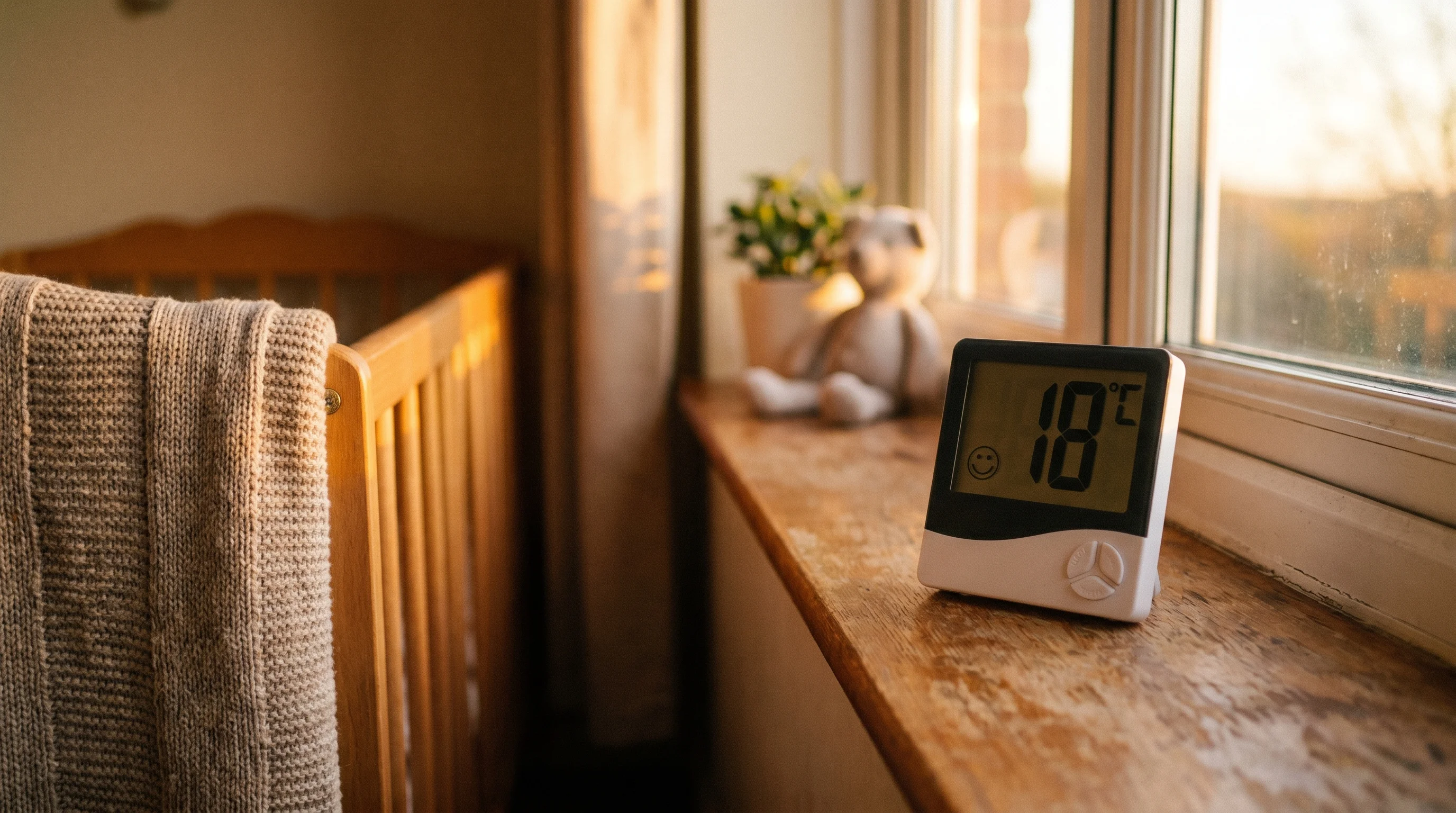 Baby night temperature guide UK — digital thermometer showing 18°C in nursery with soft-focus cot in background