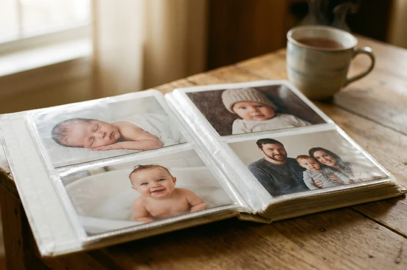 Slip-in baby photo album UK 2026 — open album showing 6x4 printed baby photos in clear pockets