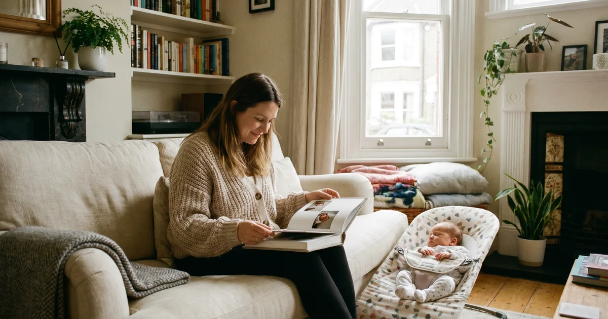 Baby photo album UK 2026 — mother looking through first year photo album with newborn baby