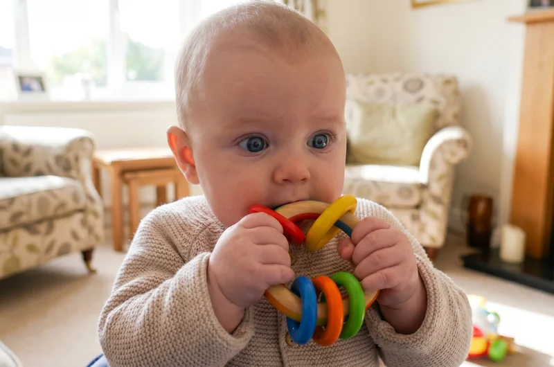 Baby rattle newborn UK — 3-month-old baby gripping a wooden rattle with both hands
