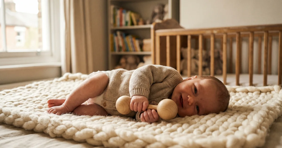 Baby rattle UK 2026 — newborn baby holding a wooden rattle in a cosy British nursery