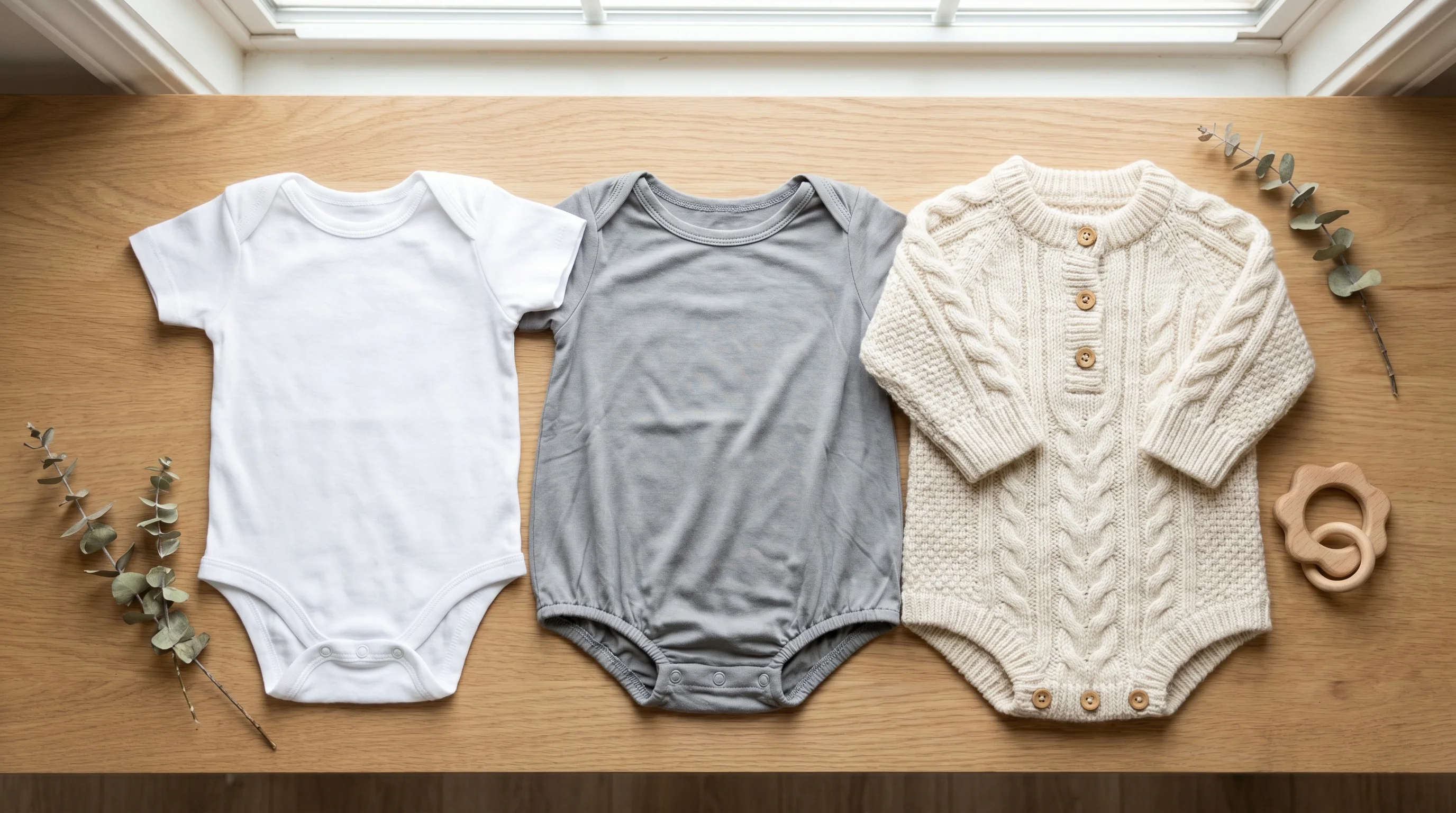 Baby romper fabrics UK — cotton, bamboo and knit baby rompers compared flat lay