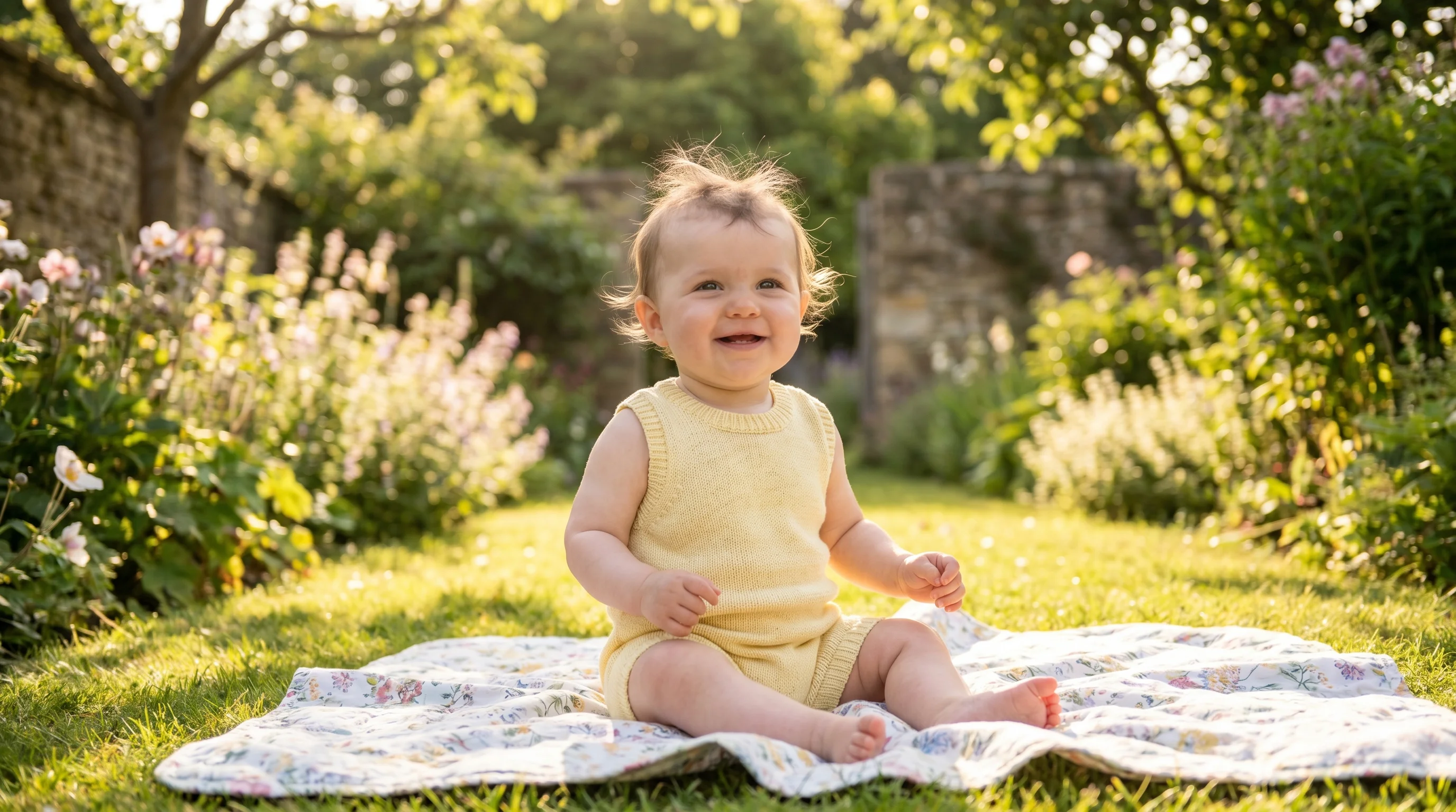 Summer baby romper UK — baby in sleeveless cotton romper in garden on sunny day