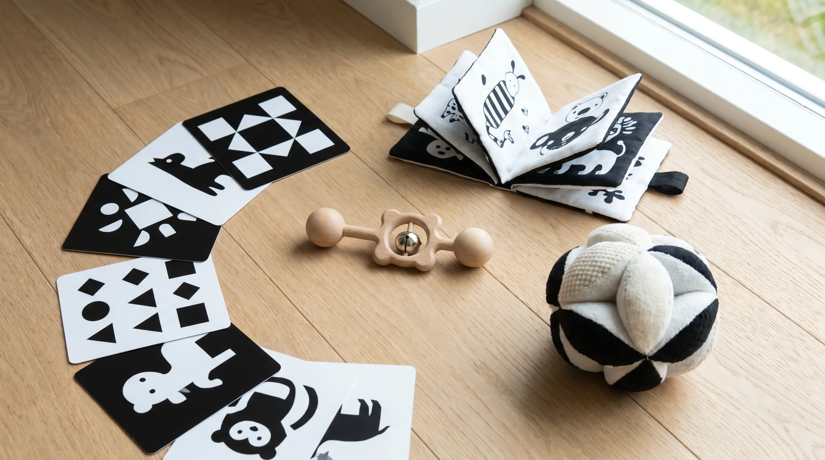 Baby sensory toys UK — high contrast cards, rattles and soft crinkle toys