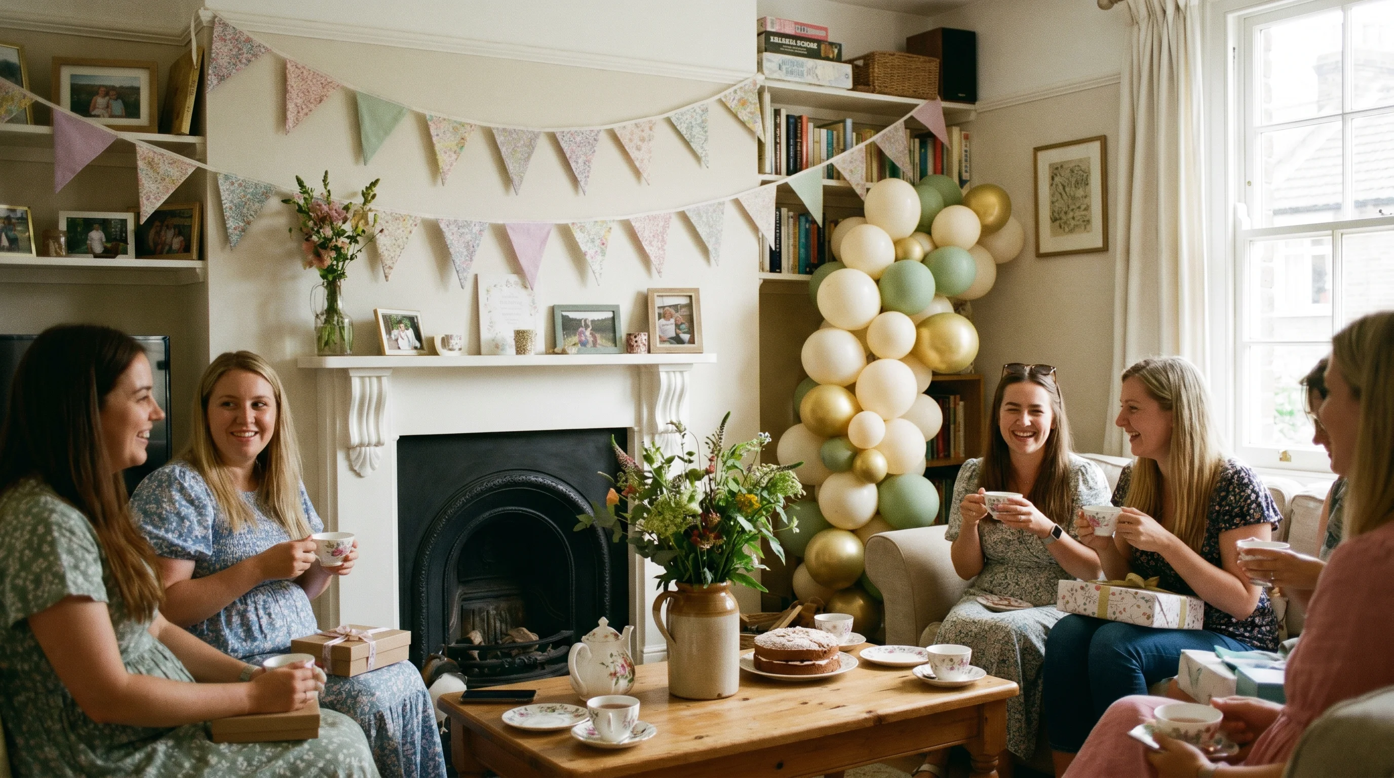 Baby shower decoration ideas for small spaces UK — balloon garland, welcome sign and styled corner