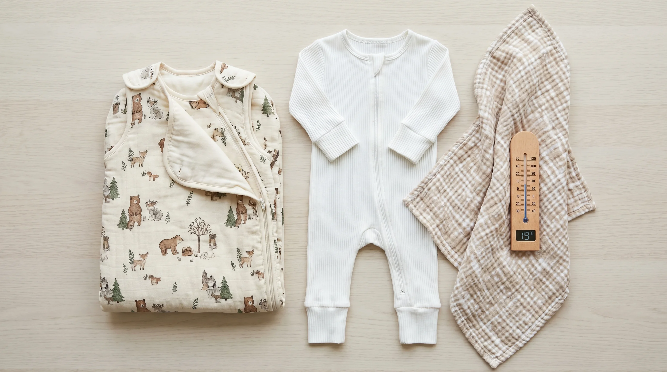 Baby sleep TOG layers guide UK — sleeping bag, sleepsuit, vest and room thermometer flat lay