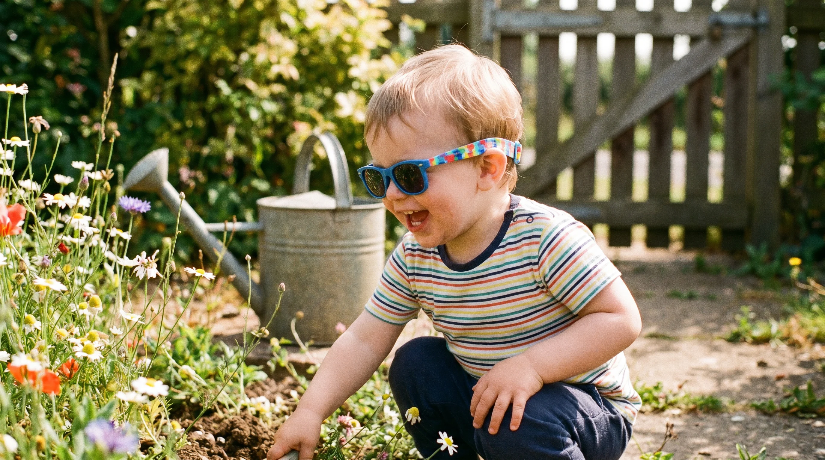 Toddler wearing baby sunglasses with elastic strap UK — stays on during outdoor play