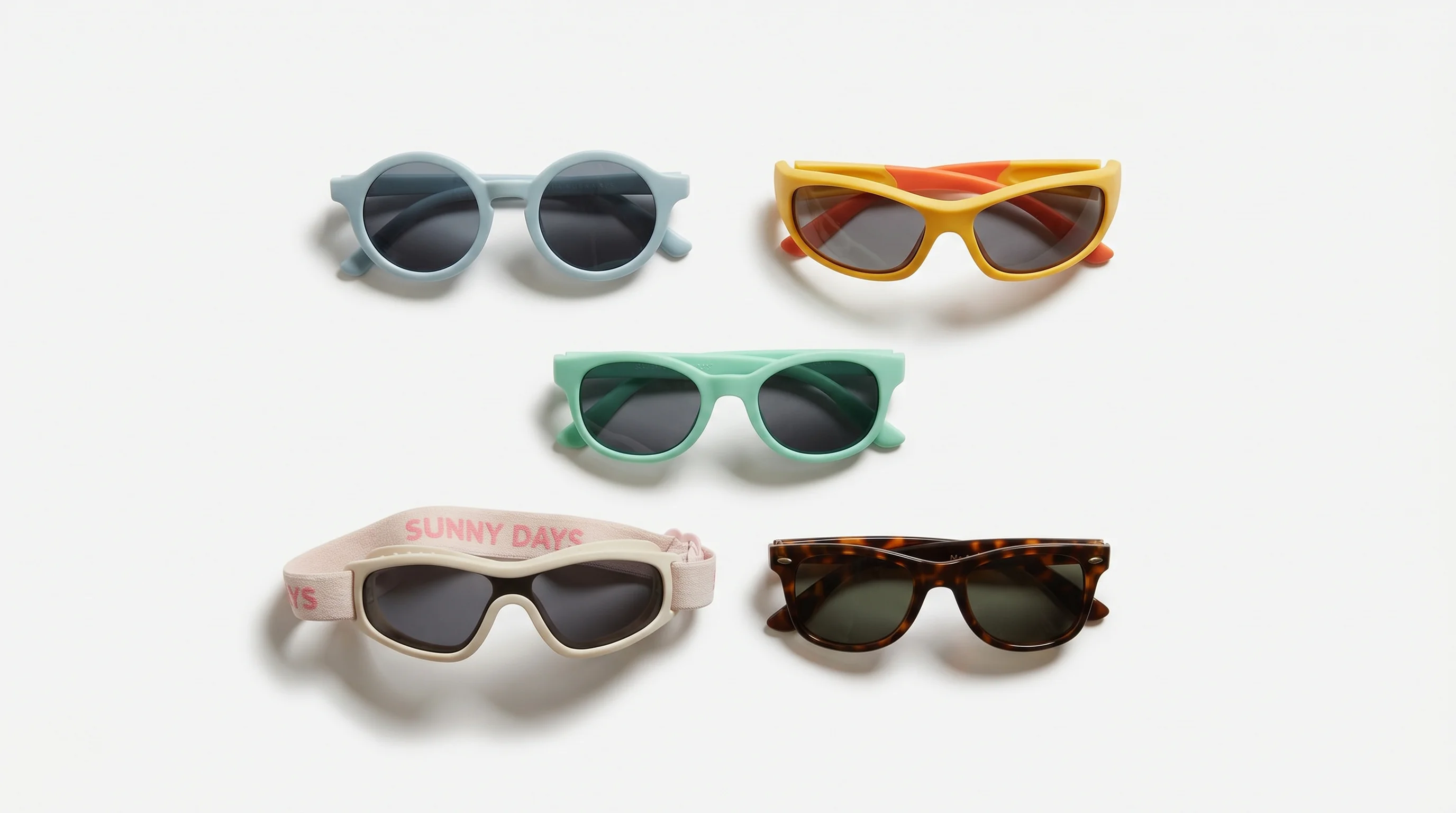 Different baby sunglasses styles UK — round frames, wrap-around, flexible rubber and elastic strap designs