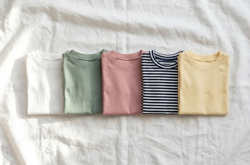 Baby tees UK 2026 — flat lay of five folded baby t-shirts in different colours on white linen