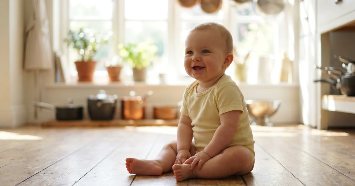 Baby tees UK 2026 — baby in soft yellow cotton t-shirt sitting on a wooden floor in a bright British home