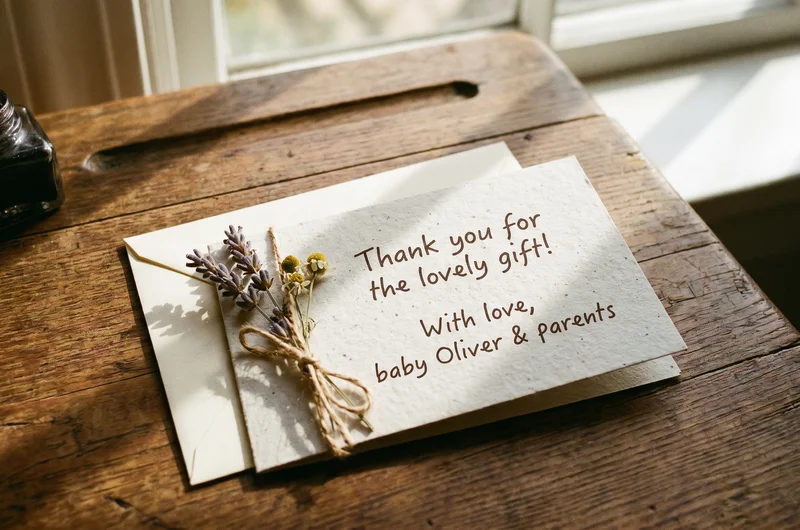 Baby thank you card UK — handwritten note with dried flowers on cream envelope, warm natural light