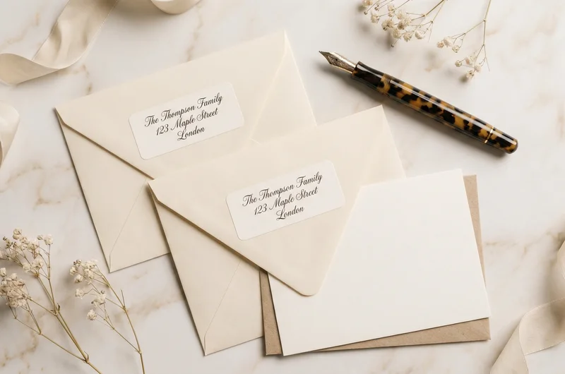 Baby shower thank you card stationery set UK — matching envelopes and personalised address labels on marble surface