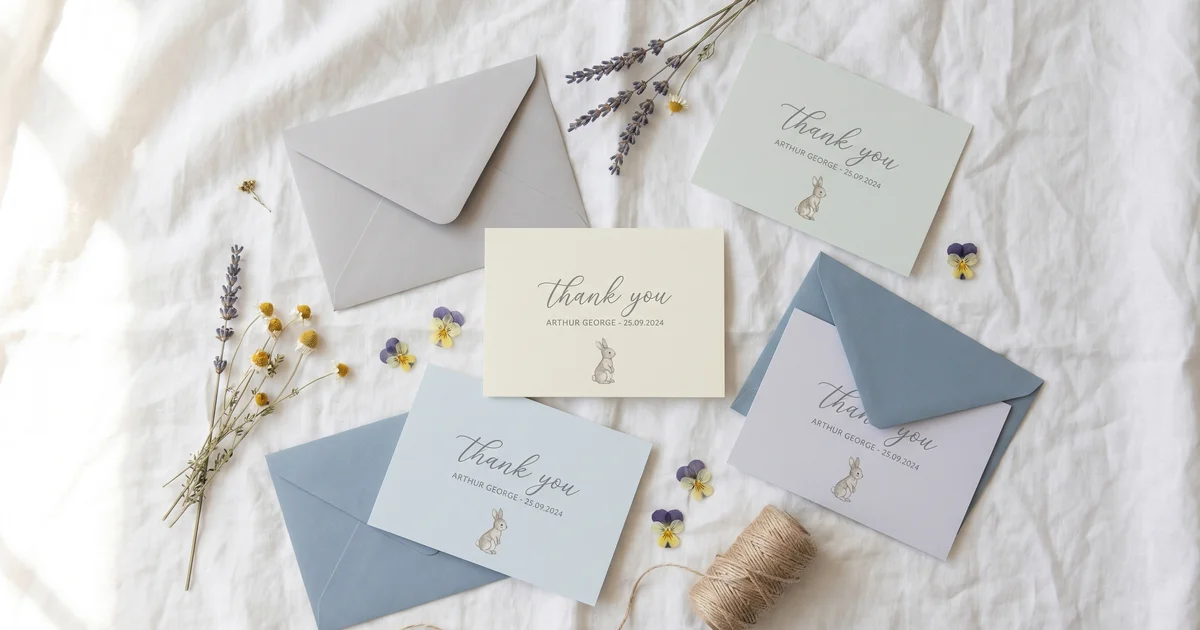 Baby thank you cards UK 2026 — personalised cards with baby name and birth details on white linen