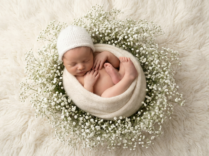 Newborn baby surrounded by baby's breath gypsophila flowers on white blanket in photography flat lay