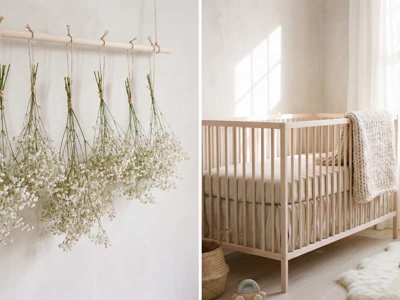 Dried baby's breath gypsophila hanging in Scandinavian nursery as wall decoration