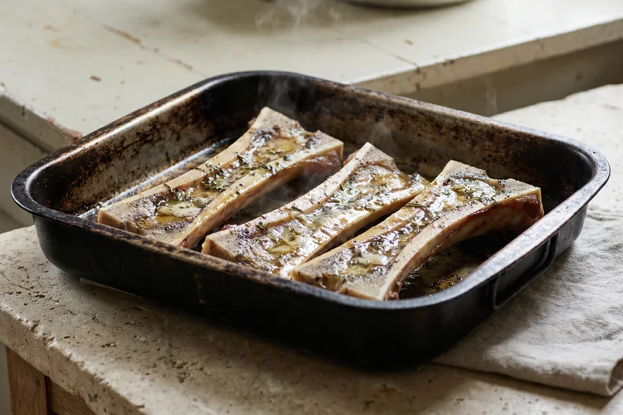 Bone marrow for babies — roasted marrow bones fresh from the oven, ready to scoop for weaning