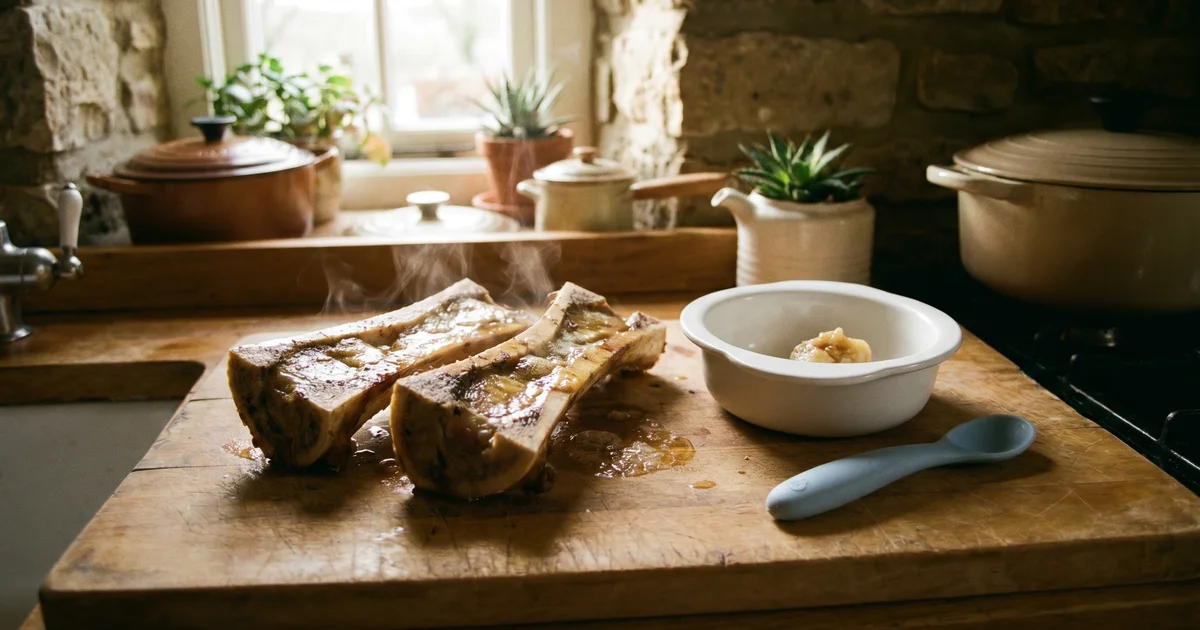 Bone marrow for babies UK 2026 — roasted marrow bones with baby bowl and silicone spoon